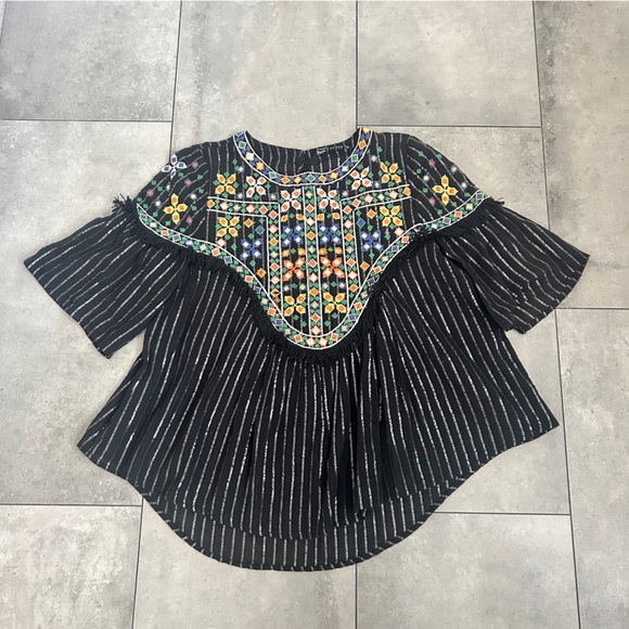 Zara Black Embroidered Bell Sleeved Fringed Boho Festival Top Small - Picture 3 of 7